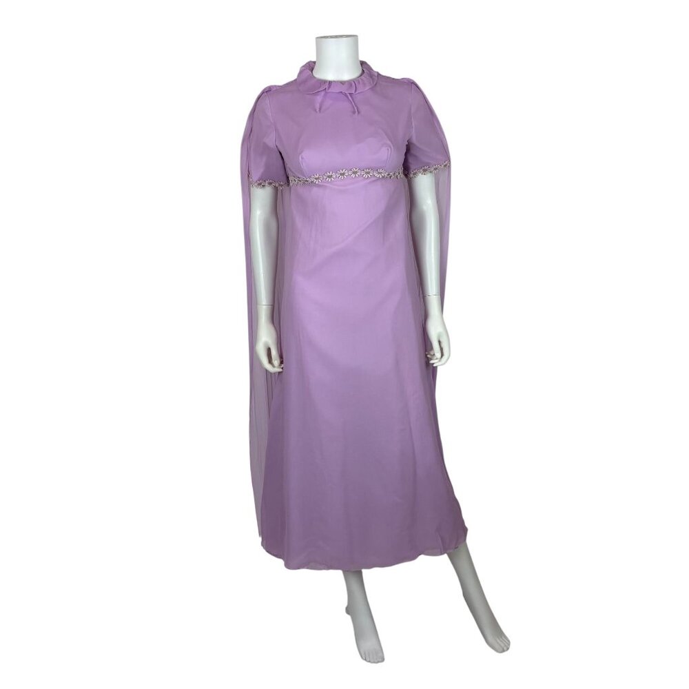 Vintage 60s Chiffon Dress Lavender Sheer Cape Regency Daisy Trim Evening Gown